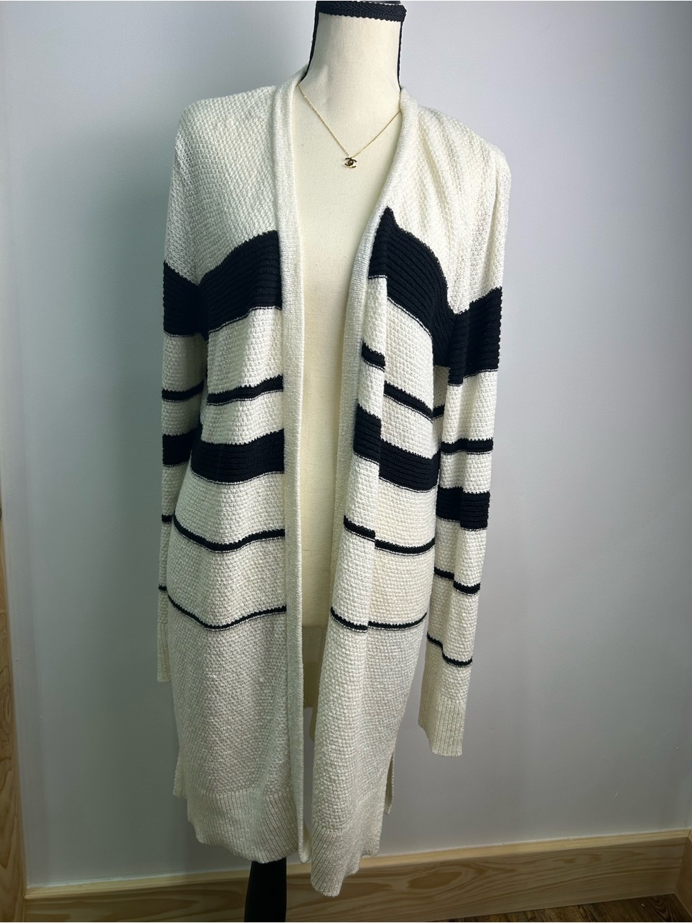 Calvin Klein Ivory Open-Front Cardigan with Black Stripes